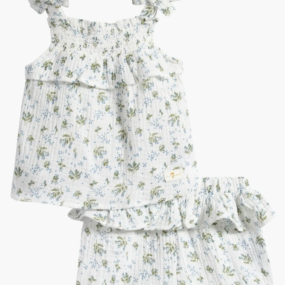 7 For All Mankind Floral Set - White and Green, 0 - 3 Months, 100% Cotton